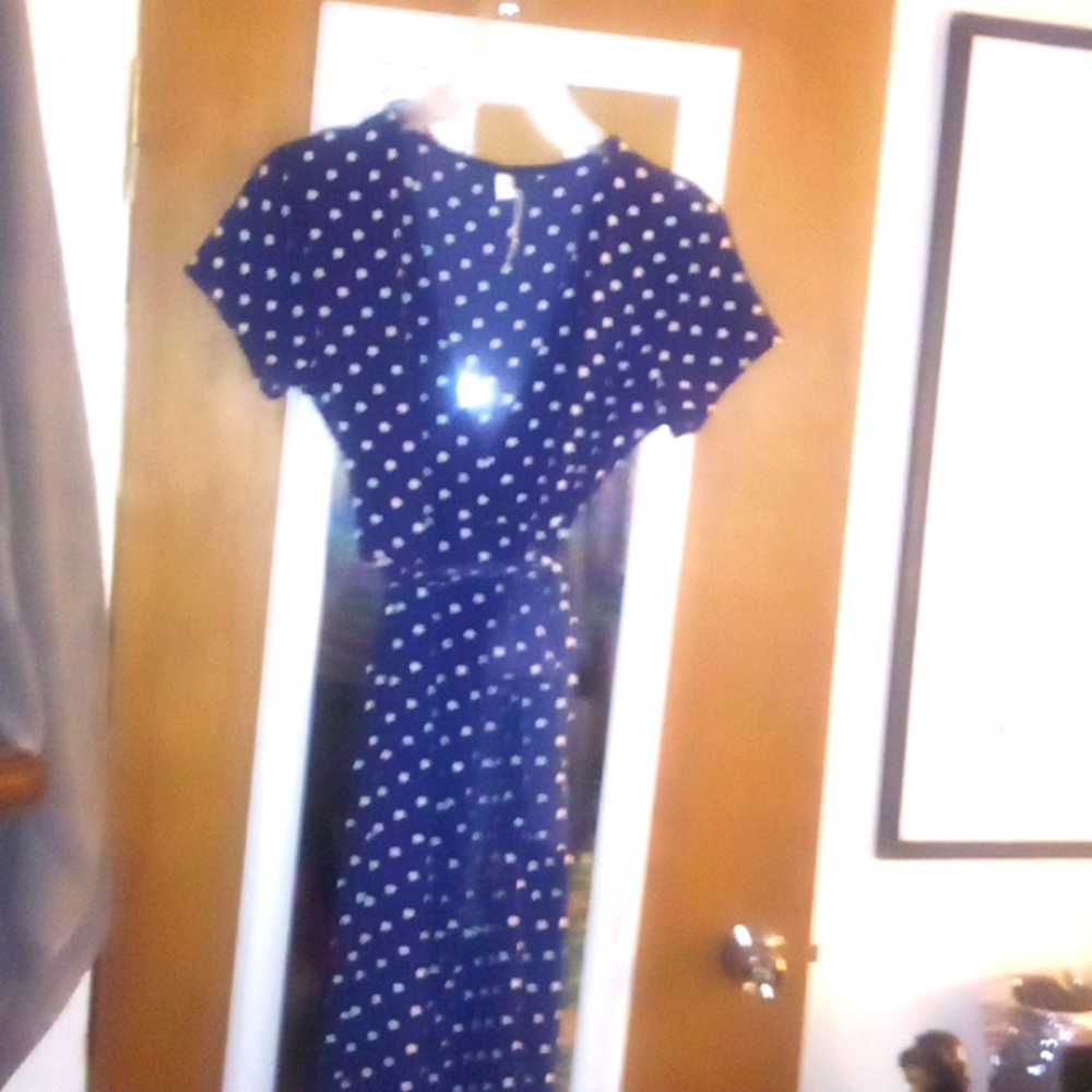 Women's Vintage Navy & White Midi length polka dotted dress with tie around belt